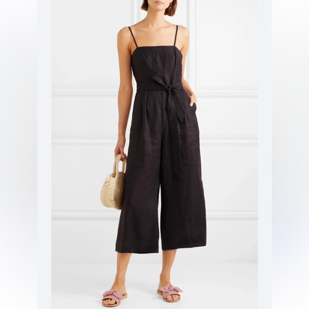 J CREW 100% linen black tie waist wide leg jumpsuit size 0